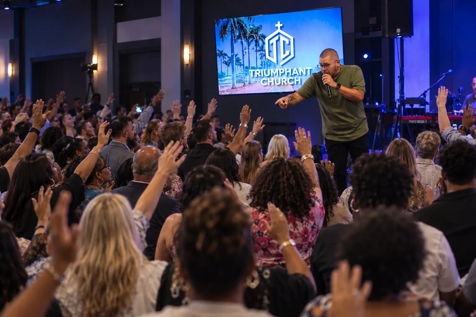 Pastor Bryan Rambler preaching to a congregation at Triumphant Church